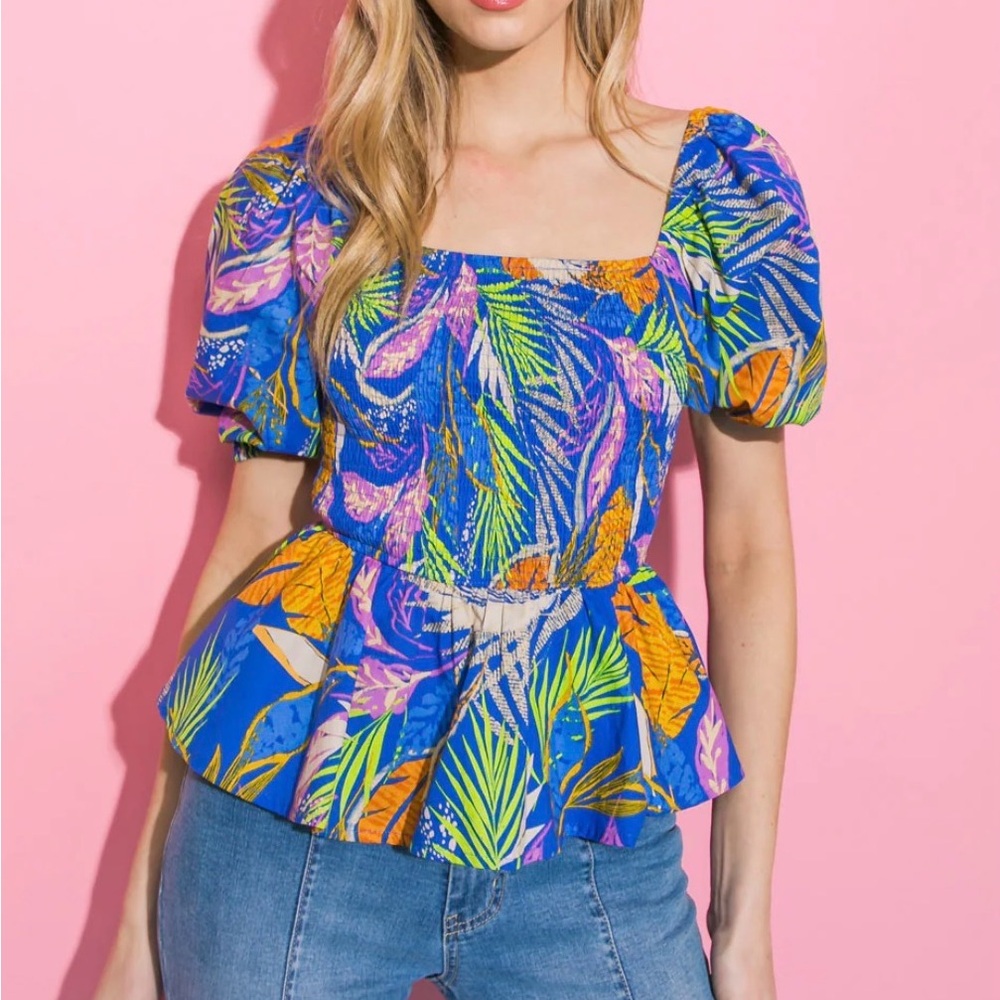 Flying Tomato Blue Tropical Print Puff Sleeve Peplum Top